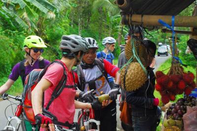 Radfahrer kaufen auf Bali frische Frchte am Wegesrand